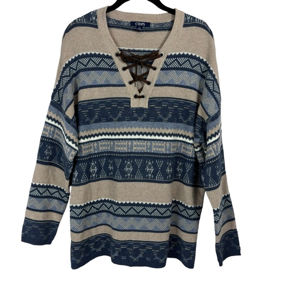 Chaps Western Sweater Blue Tan Pullover Striped Neckline Crisscross Tie Size L - Picture 1 of 8